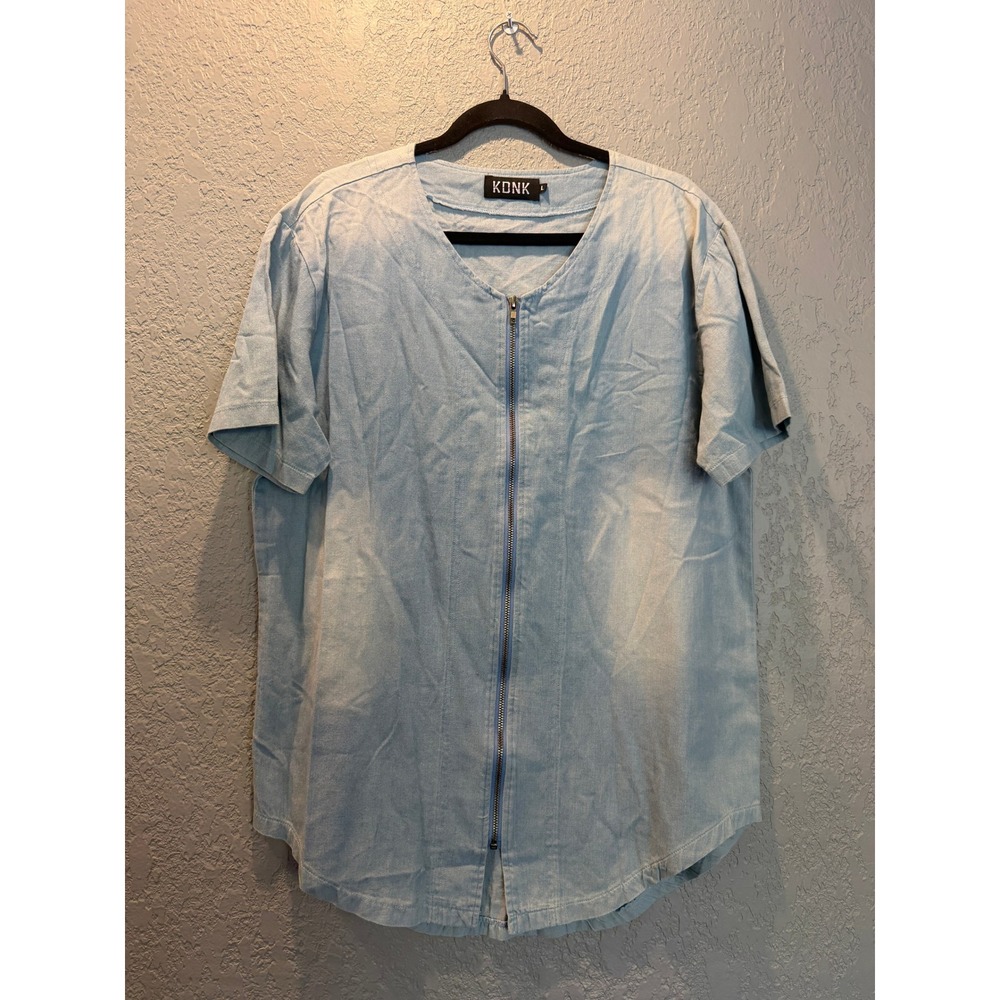KDNK Mens Light Wash Blue 100% Cotton Full Zip‎ Short Sleeve Streetwear Shirt L